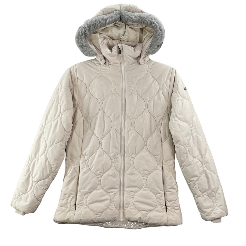Columbia Joy Peak Hooded Jacket Women XS White Quilted Omni-Heat Faux Fur Travel